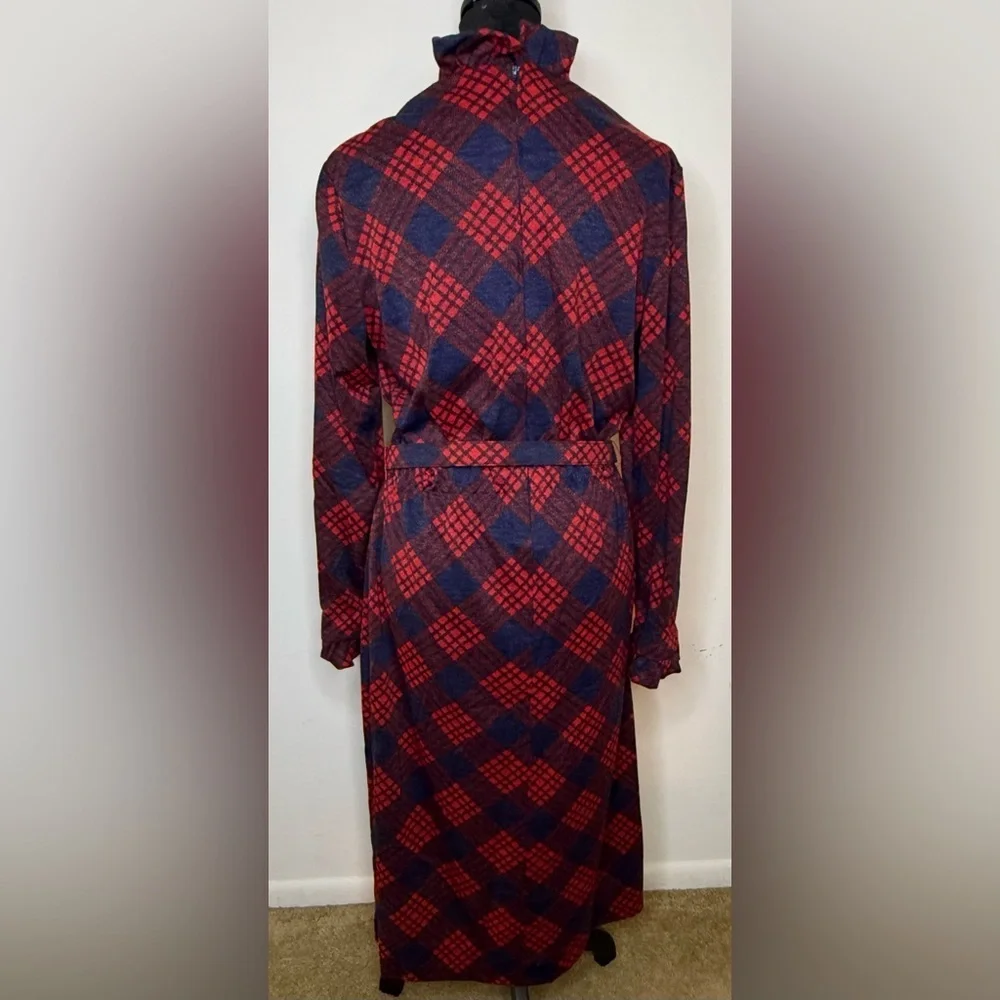Vintage 70’s Red & Blue tartan plaid long sleeve midi dress belt, pockets 14 - Picture 6 of 9